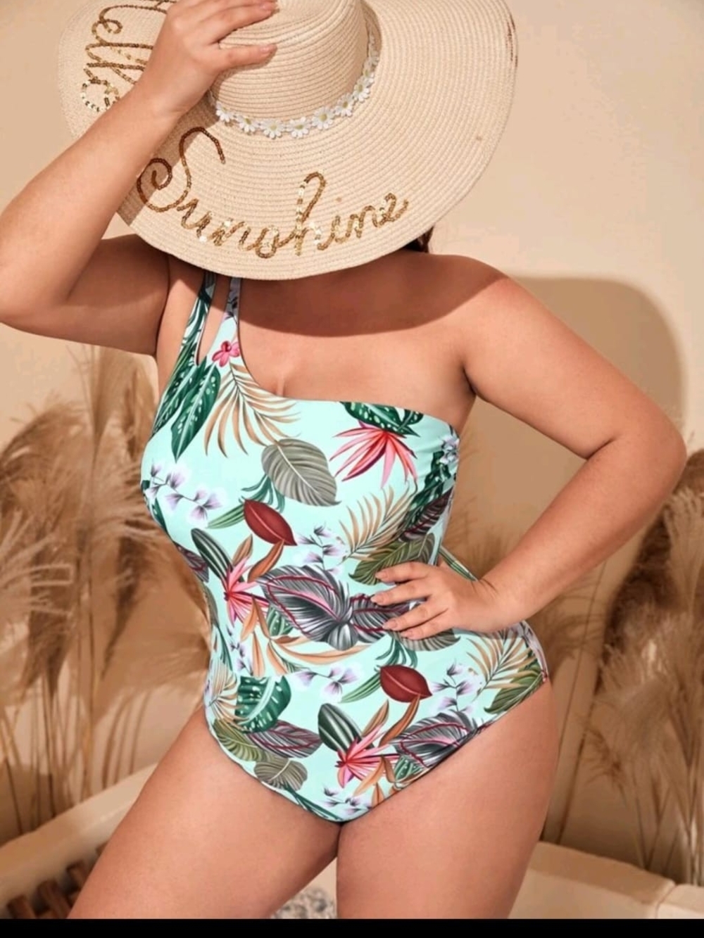 One-Shoulder Tropical Leaf Print One-Piece Swimsuit - Mint Multi